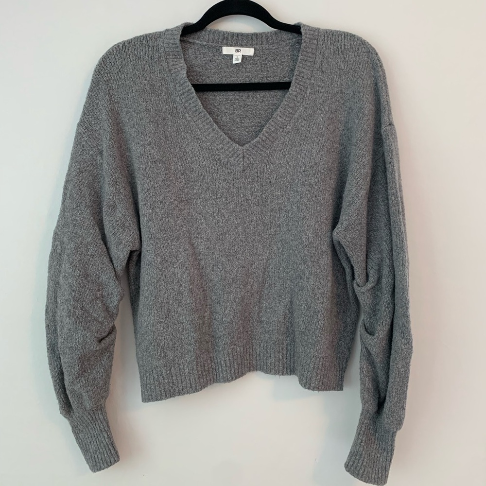 Grey sweater with ruched arm detail